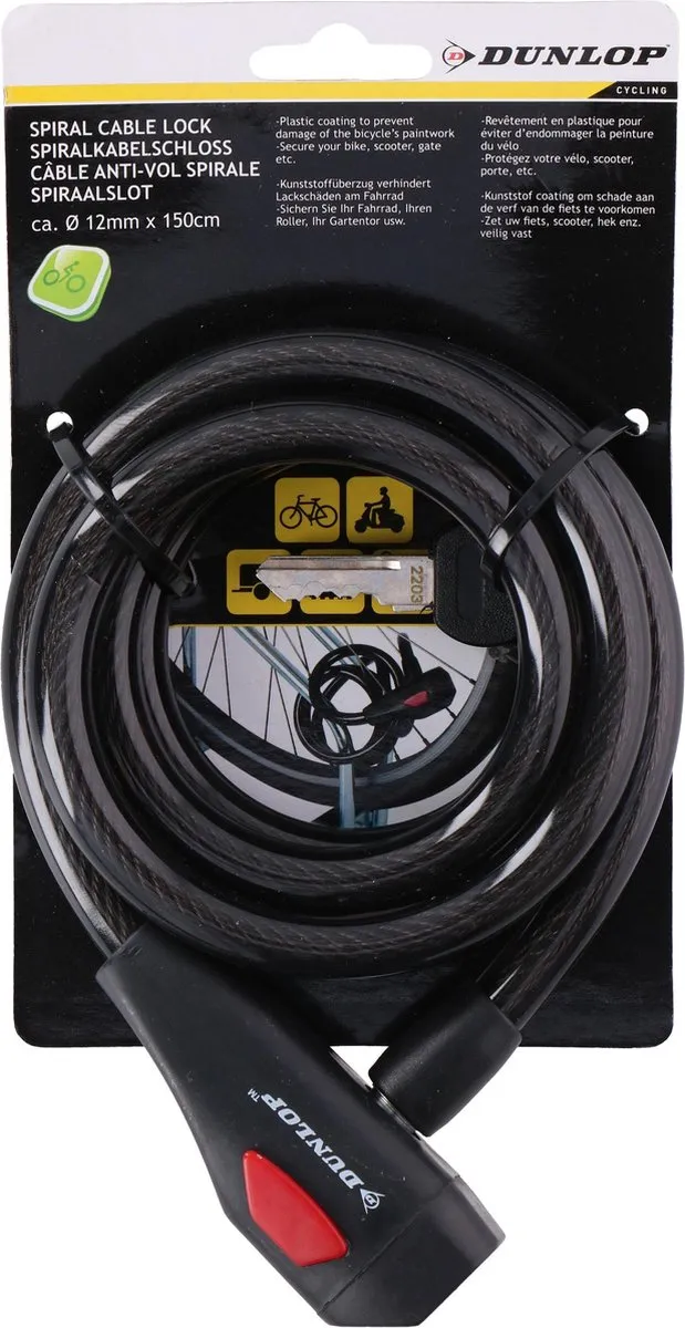 Dunlop Spiraalslot 12mm x 150cm - 2 Sleutels - Zwart