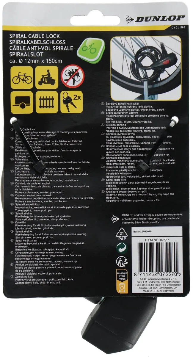 Dunlop Spiraalslot 12mm x 150cm - 2 Sleutels - Zwart