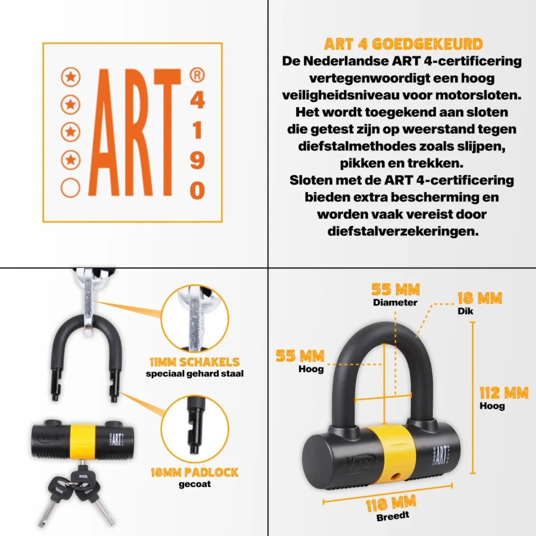 VINZ Trivor ART 4 Kettingslot 200cm - Gecertificeerd Bootslot - Zwart
