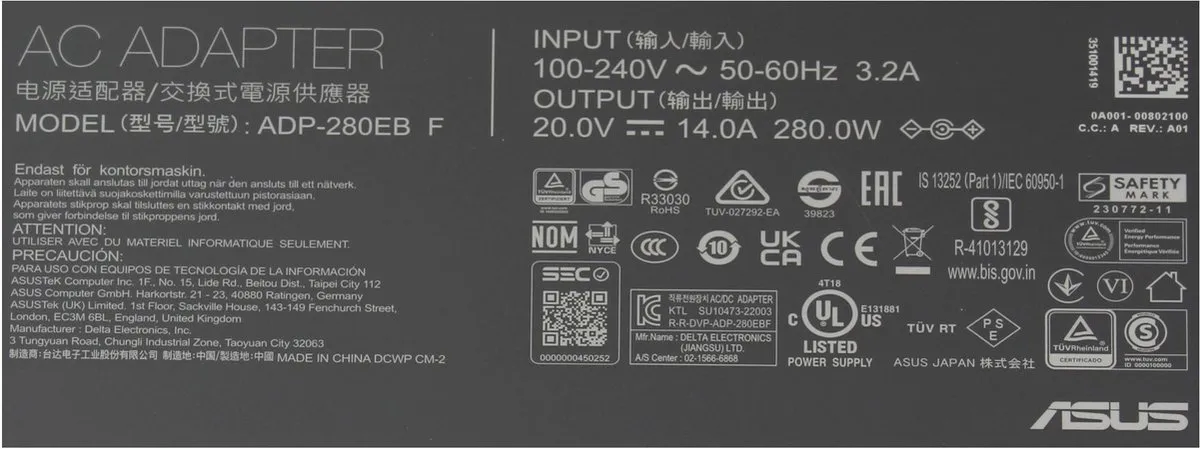 ASUS ROG 0A001-00802900 Oplader 280W - Zwart