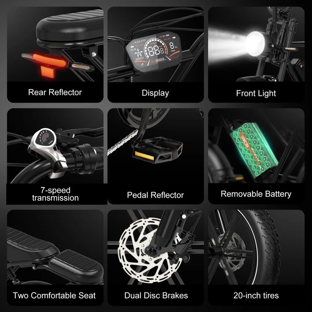 RCB Elektrische fatbike - 48V 15.6Ah Mountainbike - Actieradius 80km - 25km/u - 250W motor - 7 versnellingen - met App en NFC -Zwart