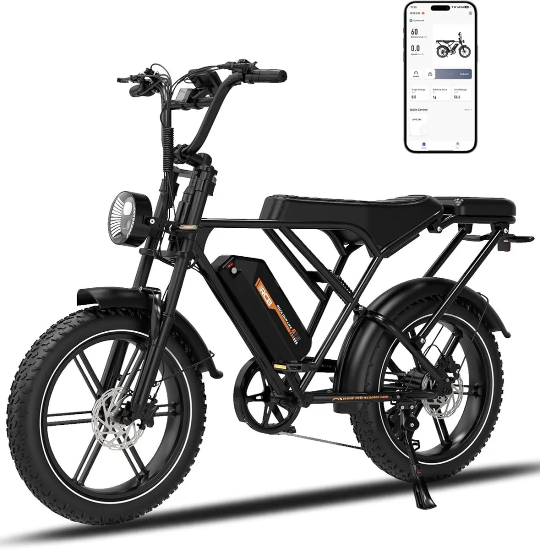 RCB Elektrische fatbike - 48V 15.6Ah Mountainbike - Actieradius 80km - 25km/u - 250W motor - 7 versnellingen - met App en NFC -Zwart