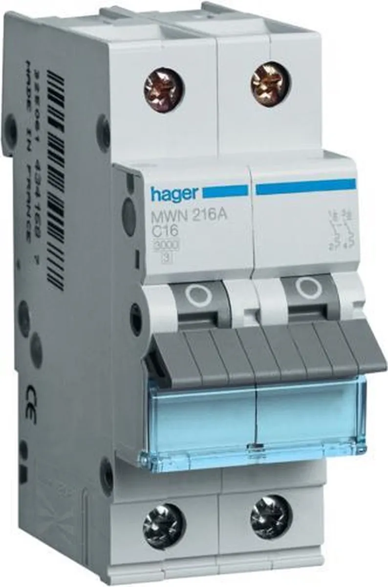 Hager MWN220A Automaat 20A 2-polig Curve C - Grijswit