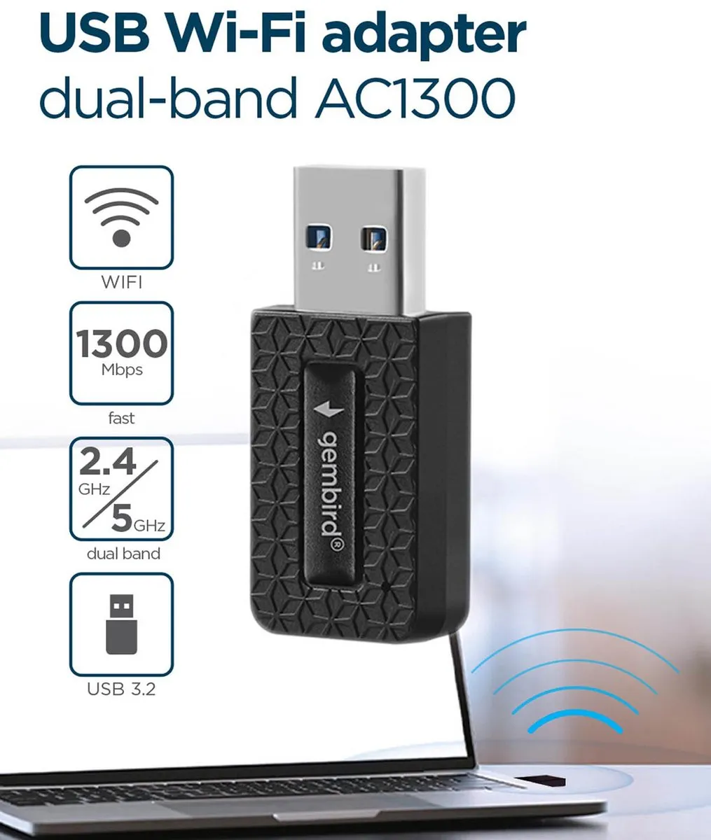 Gembird Dual-Band AC1300 USB Wi-Fi Adapter - Zwart