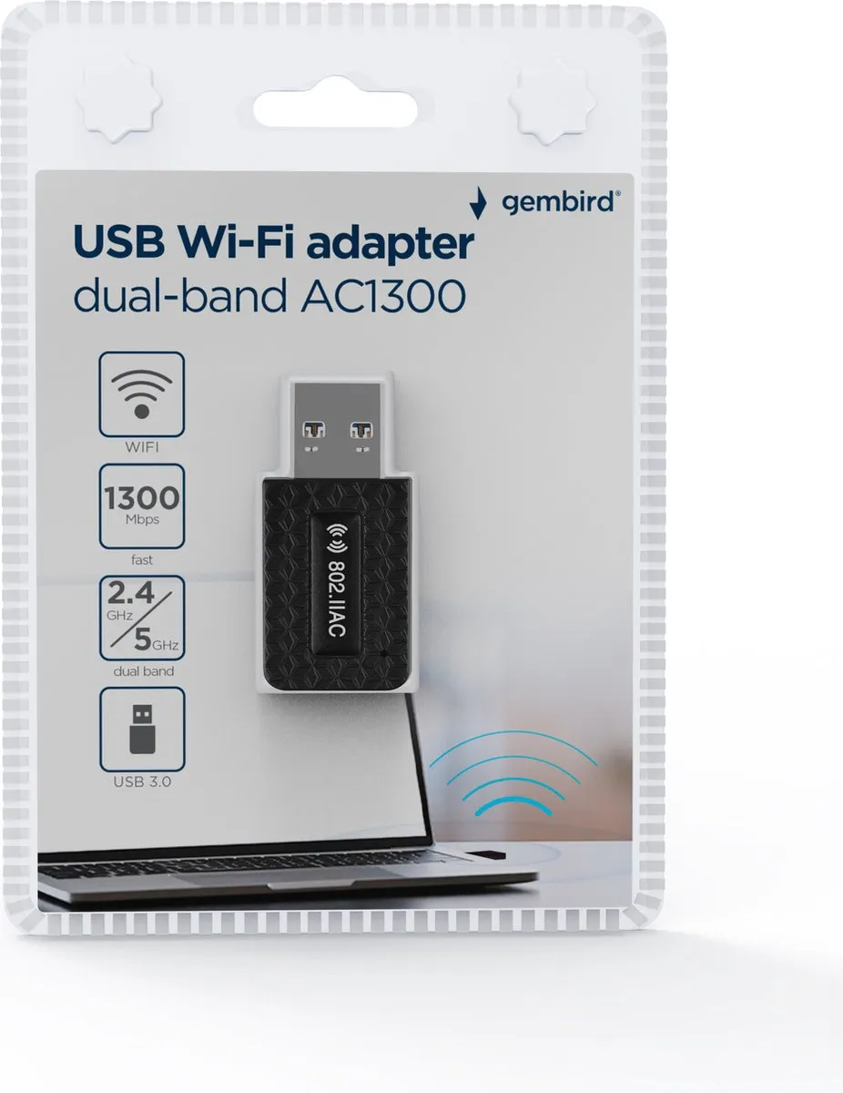 Gembird Dual-Band AC1300 USB Wi-Fi Adapter - Zwart