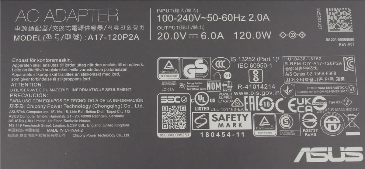 ASUS 90XB06VN-MPW Oplader 120W - Zwart