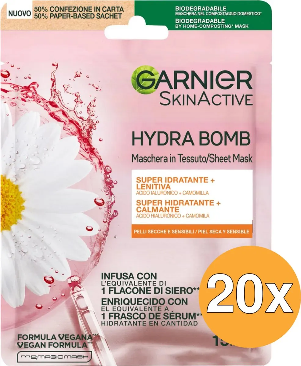 Garnier SkinActive Hydra Bomb Tissue Masker Kamille Hyaluronzuur - 20 Stuks