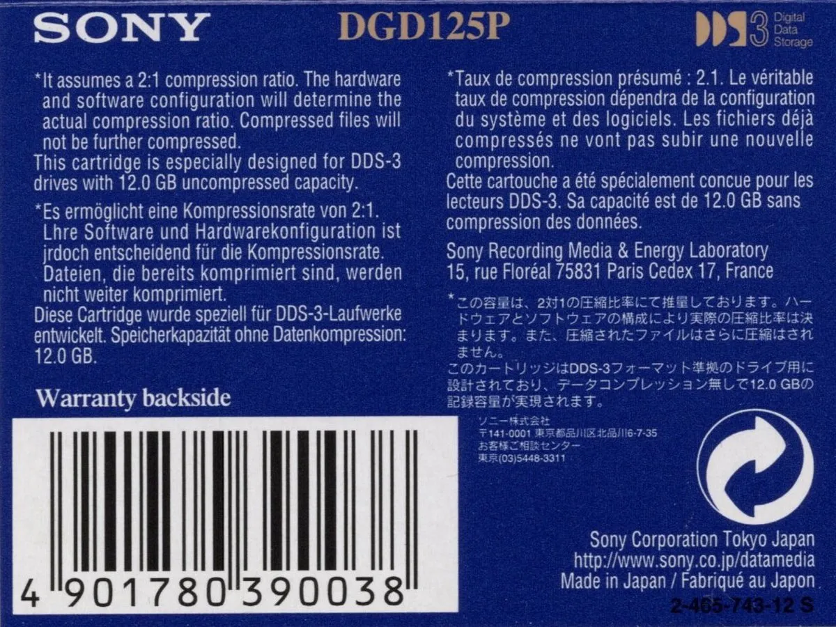 Sony DDS-3 DGD125P Data Cartridge 12GB