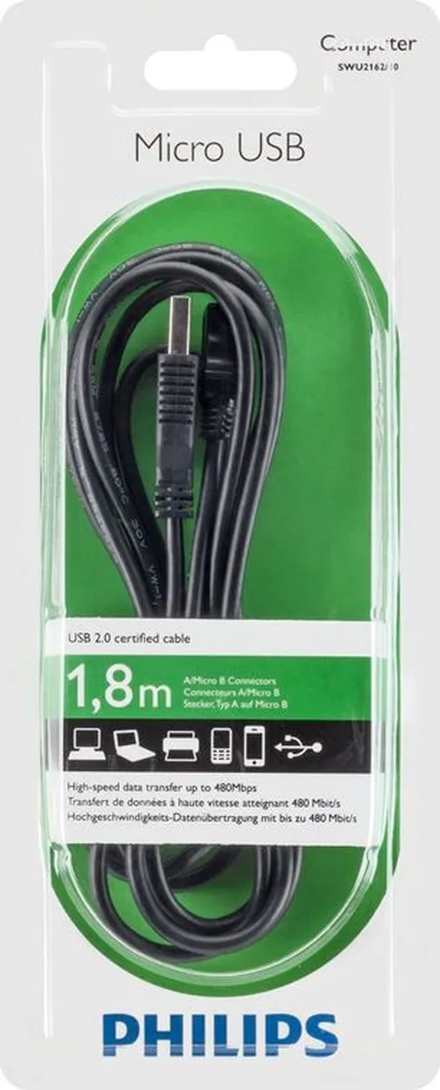 Philips SWU2162 USB-naar-micro USB-kabel - Zwart