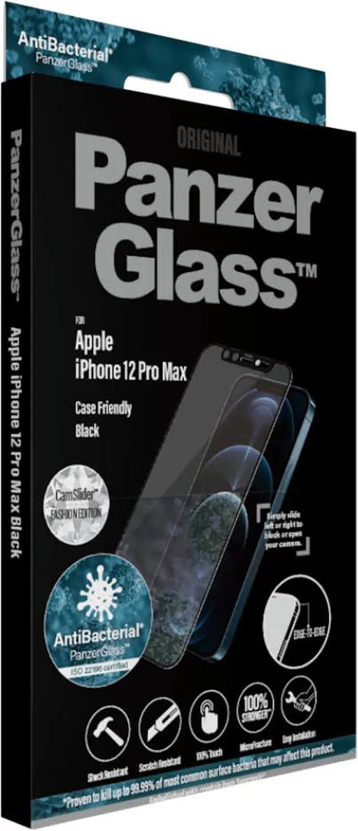 PanzerGlass E2E iPhone 12/Pro/Max Microfractuur Antibacterieel Glas - Swarovski - Zwart - afbeelding 4 van 6