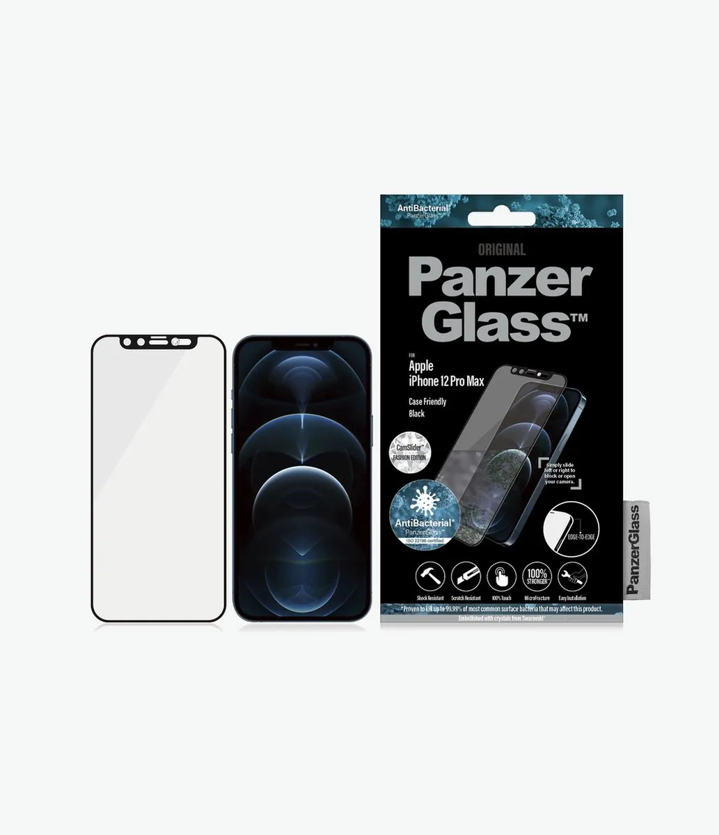 PanzerGlass E2E iPhone 12/Pro/Max Microfractuur Antibacterieel Glas - Swarovski - Zwart - afbeelding 3 van 6