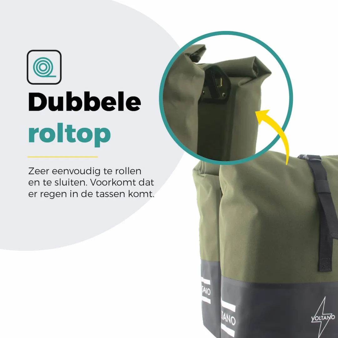 Voltano Dubbele Fietstas Rolltop 50L - Zwart/Olijfgroen