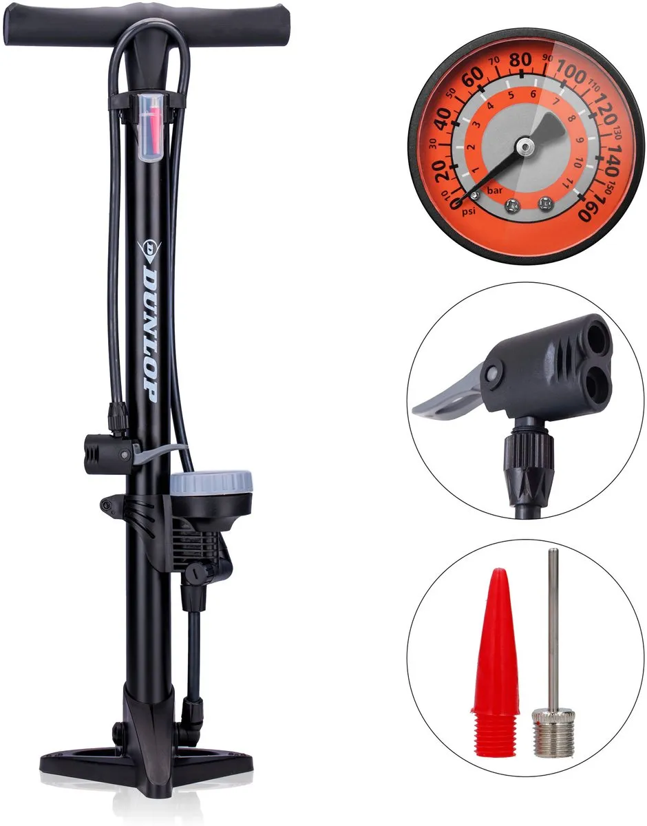 Dunlop Staande Fietspomp Pro uitvoering - Analoge Drukmeter - Dubbele Ventielkop - Zwart