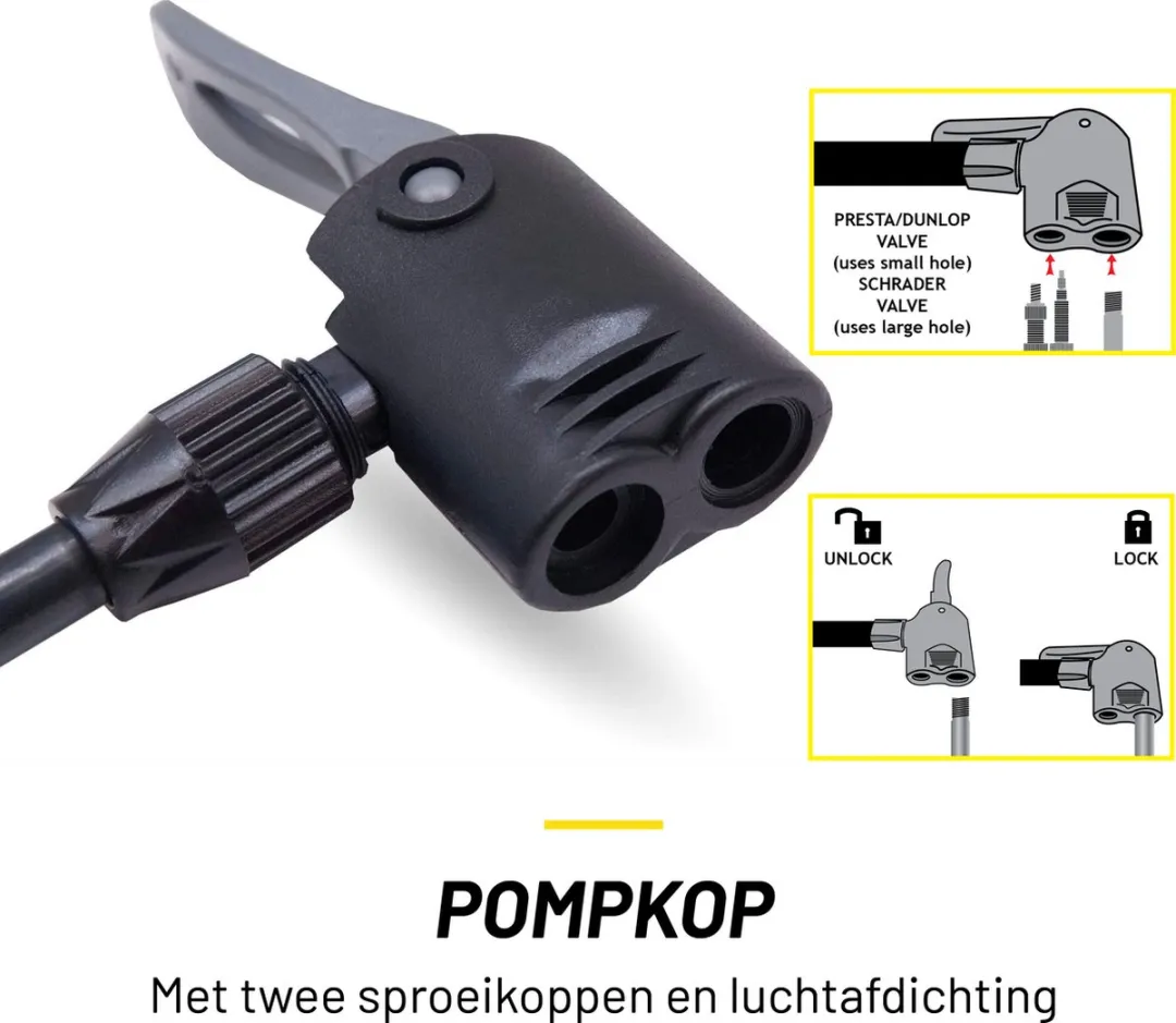 Dunlop Staande Fietspomp Pro uitvoering - Analoge Drukmeter - Dubbele Ventielkop - Zwart