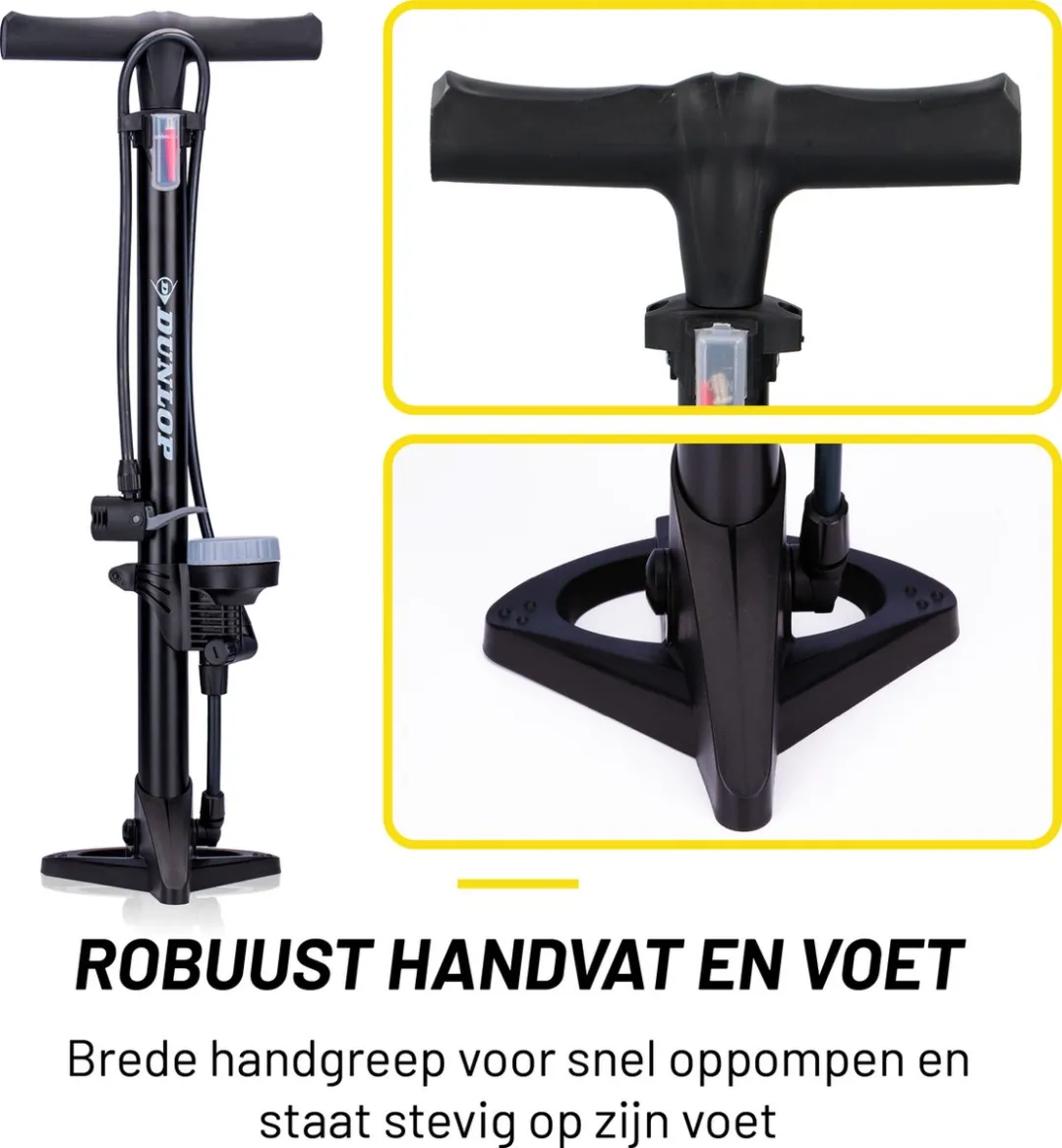 Dunlop Staande Fietspomp Pro uitvoering - Analoge Drukmeter - Dubbele Ventielkop - Zwart