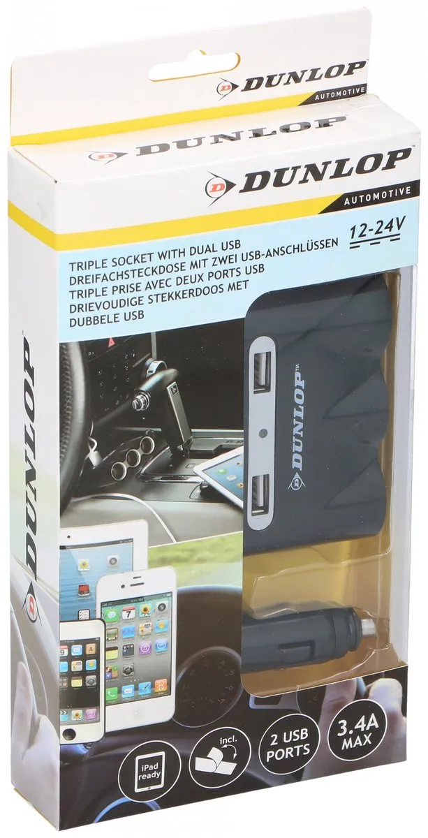 Dunlop Auto Oplader - 3 Verdeelpunten - Zwart
