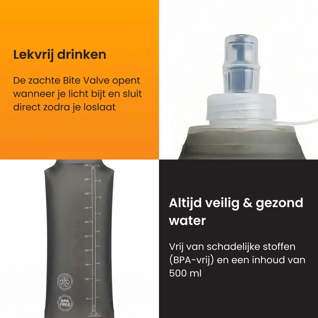 R2B Soft Flask 500 ML - Drinkfles Hardlopen - Opvouwbare Waterfles - Flexibele Drinkfles - Bidon/Drinkzak - Antraciet
