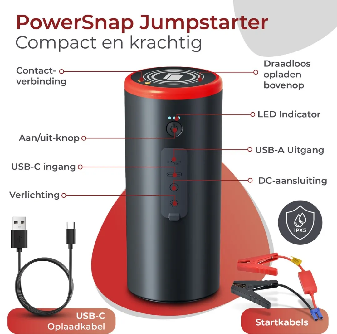 Caliber 12V Jumpstarter voor Auto - Auto starthulp - 300A - Ook te gebruiken als Powerbank - inclusief LED zaklamp en SOS Noodlicht - Werkt met PowerSnap Accu Platform (CPS-JS)