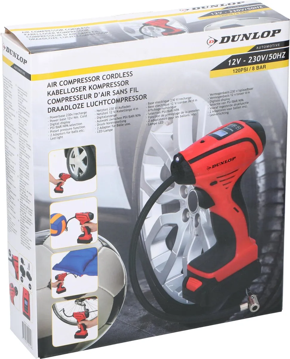 Dunlop Accu Luchtcompressor 12V/230V 8 Bar - Rood