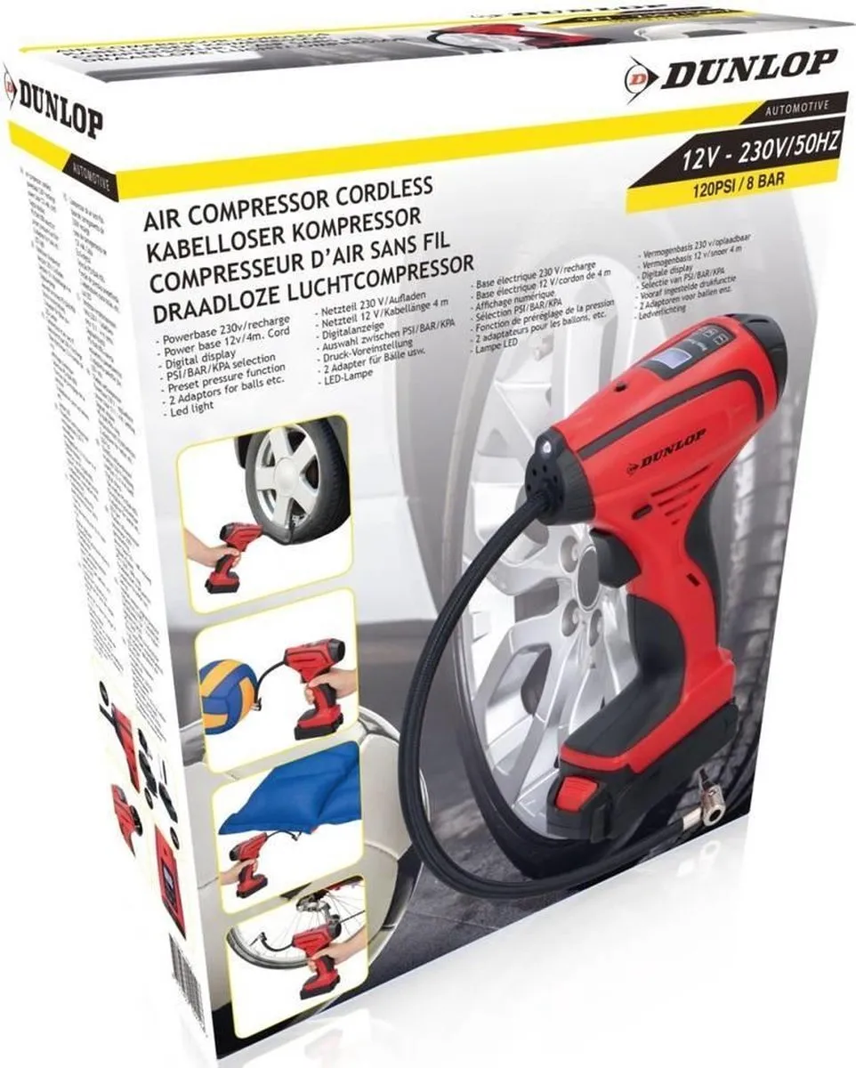 Dunlop Accu Luchtcompressor 12V/230V 8 Bar - Rood
