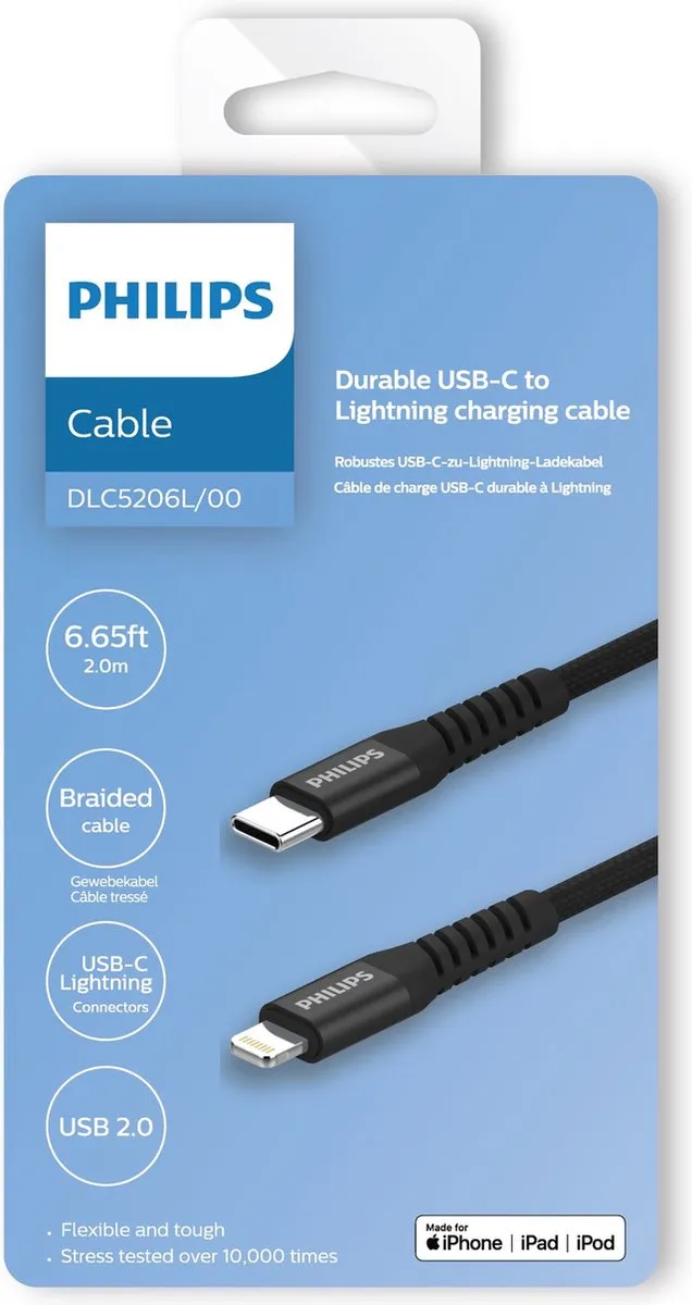 Philips USB-C naar Lightning Kabel 3.0 - 2m - Zwart