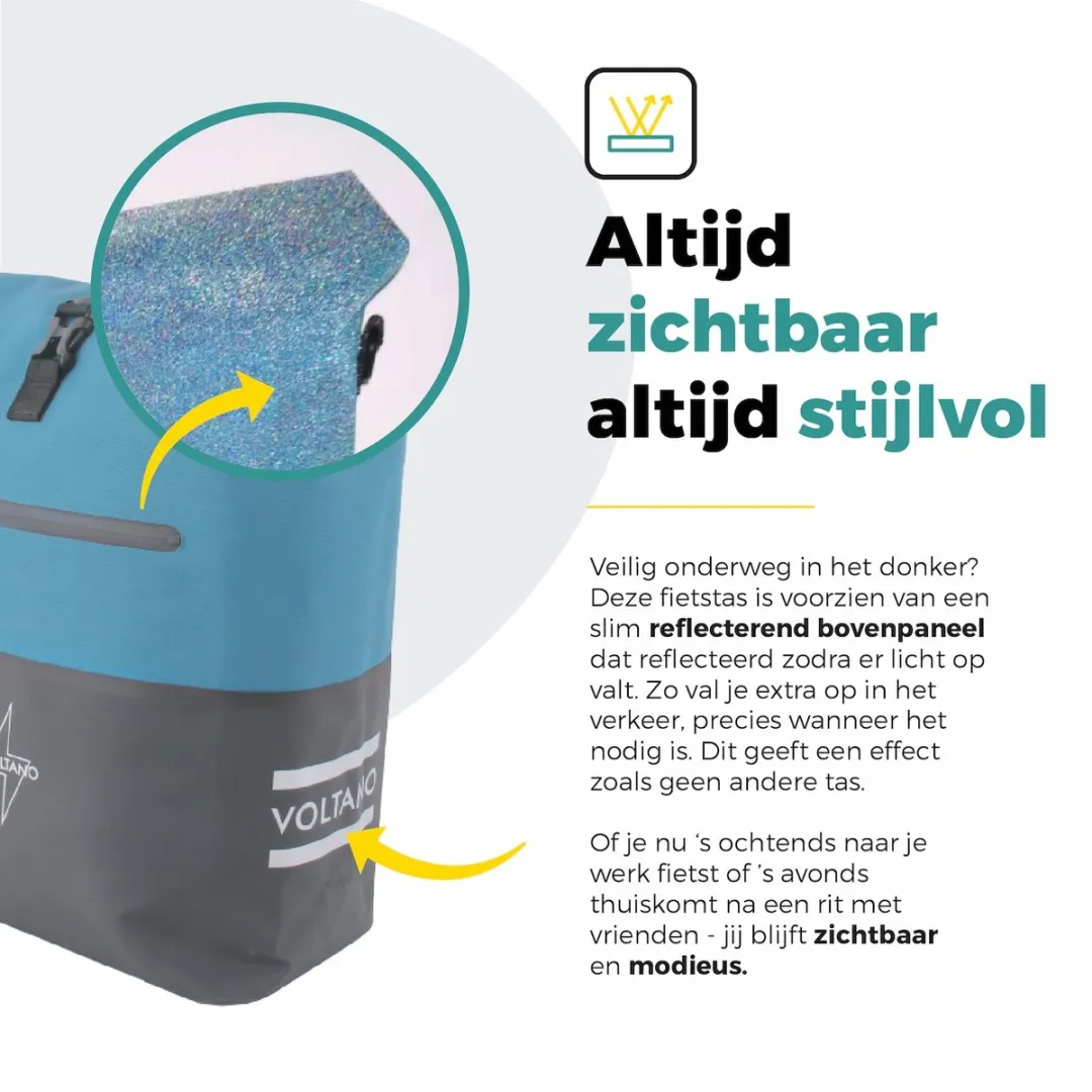 Voltano Enkele Fietstas Rolltop Reflective 25L - Zwart/Blauw