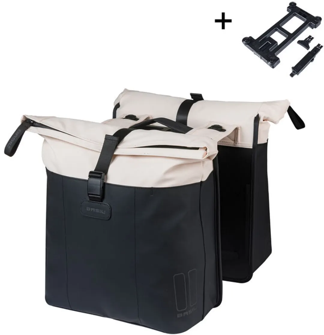 Basil Vive - Dubbele fietstas - 28-35 liter - Incl. MIK adapterplaat - Waterdicht - Reflectie details - Gerecycled materiaal - wit/zwart