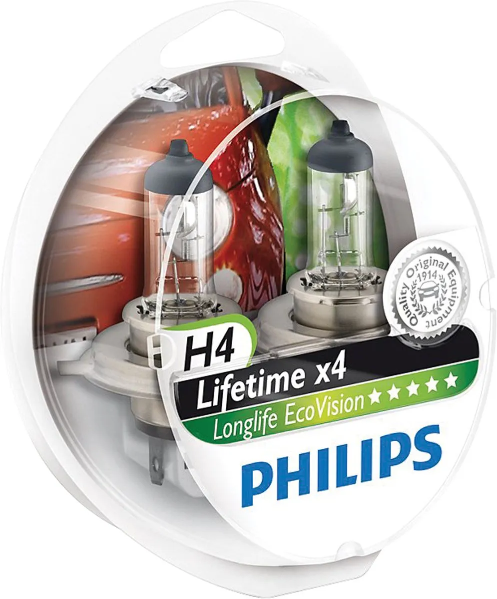 Philips H4 Longlife EcoVision Reservelampen 12V 60/55W - 2 Stuks