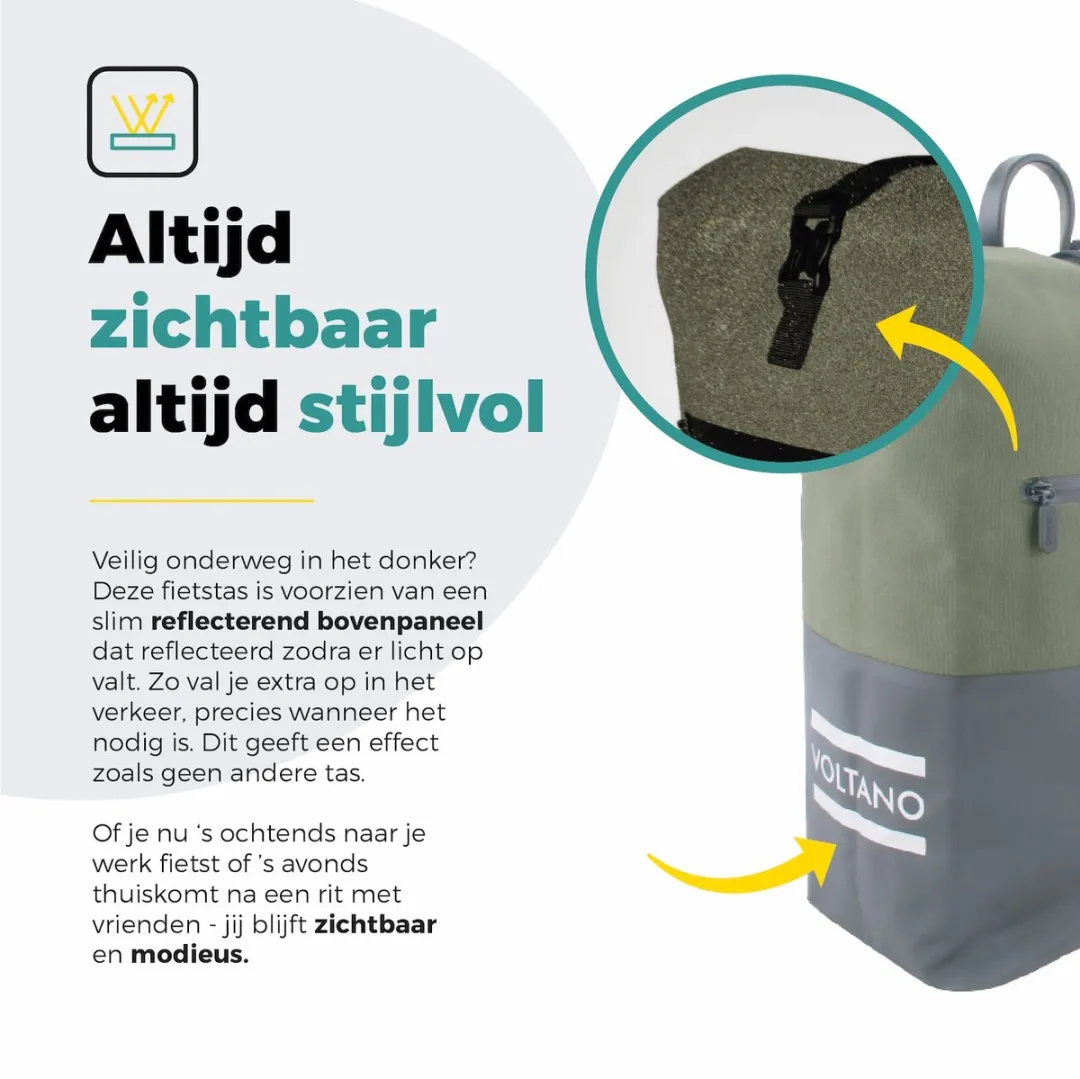 Voltano Enkele Fietstas Rolltop Reflective Special Edition 25L - Zwart/Olijfgroen