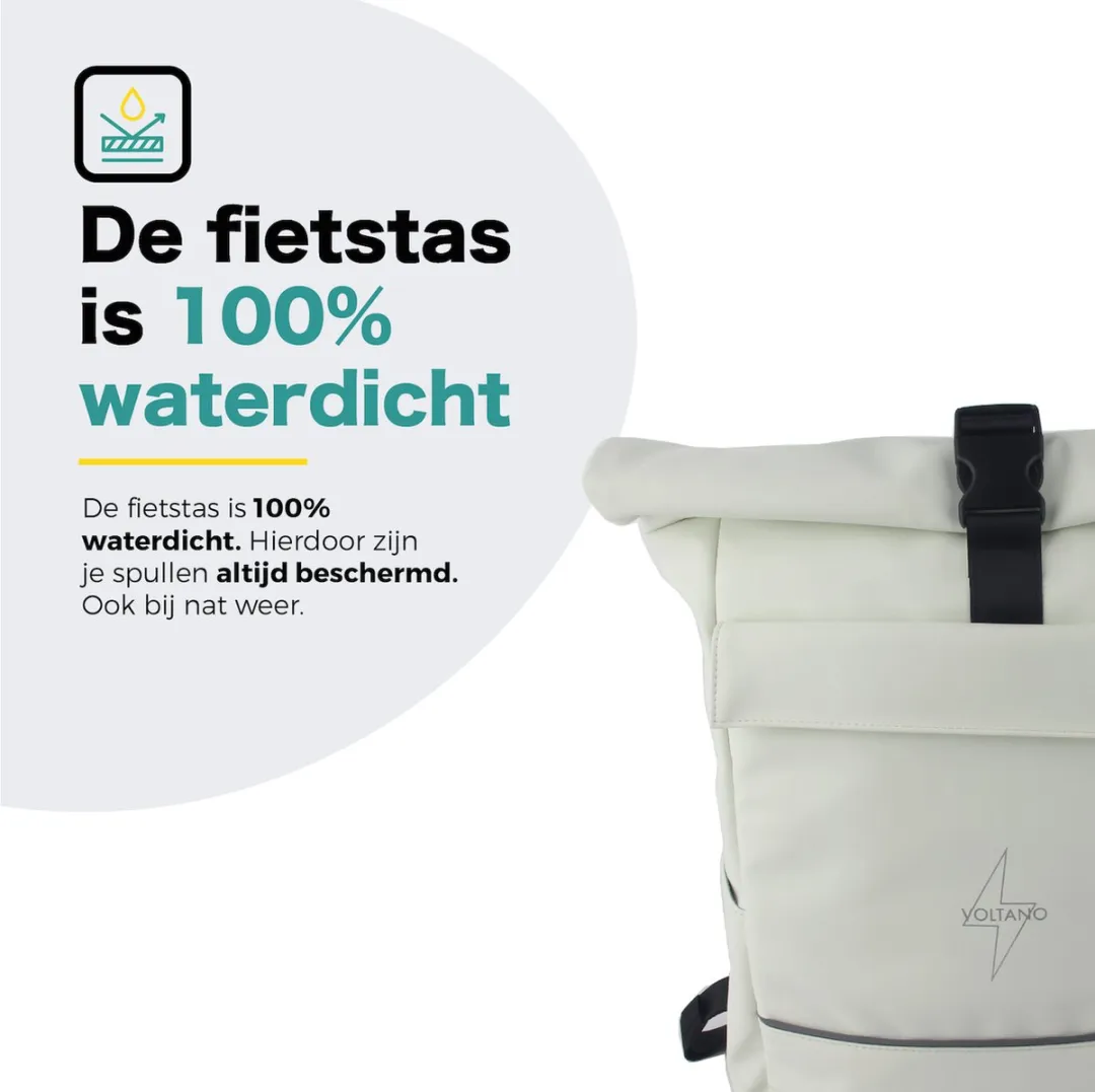 Voltano Luxe E-bike Rolltop Fietstas / Rugtas 28L - Crème - Enkele Pakaftas - 100% Waterdicht - Groot Laptop Vak