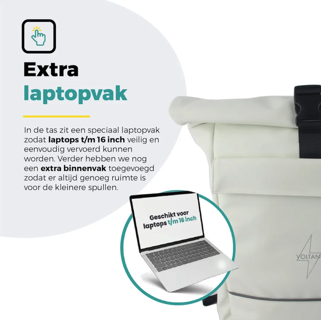 Voltano Luxe E-bike Rolltop Fietstas / Rugtas 28L - Crème - Enkele Pakaftas - 100% Waterdicht - Groot Laptop Vak