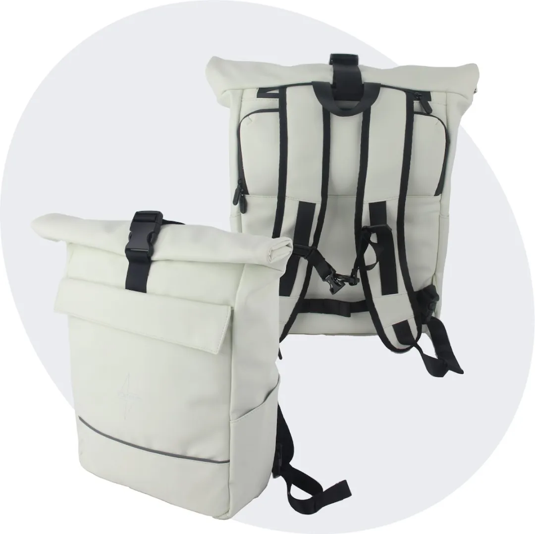 Voltano Luxe E-bike Rolltop Fietstas / Rugtas 28L - Crème - Enkele Pakaftas - 100% Waterdicht - Groot Laptop Vak