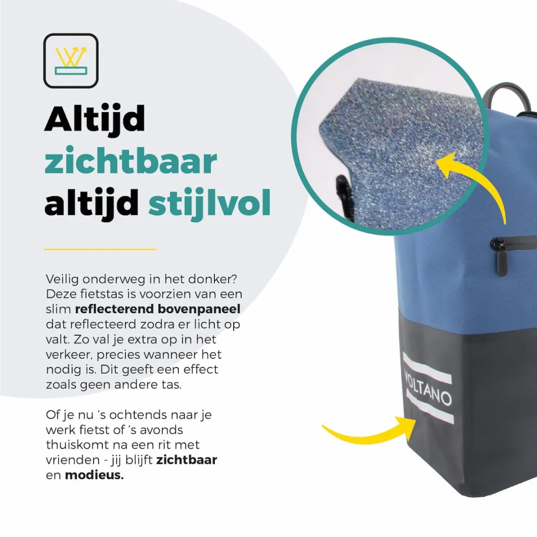 Voltano Enkele Fietstas Rolltop Reflective 25L - Zwart/Lakeblue