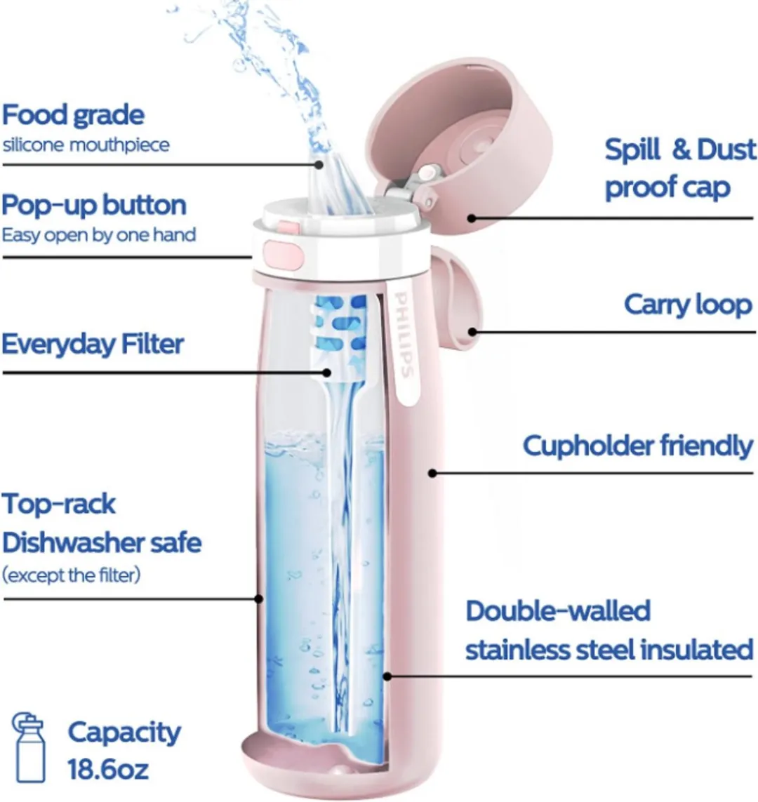 Philips GoZero Everyday Waterfles 0.55L - Roze - 3 Filters