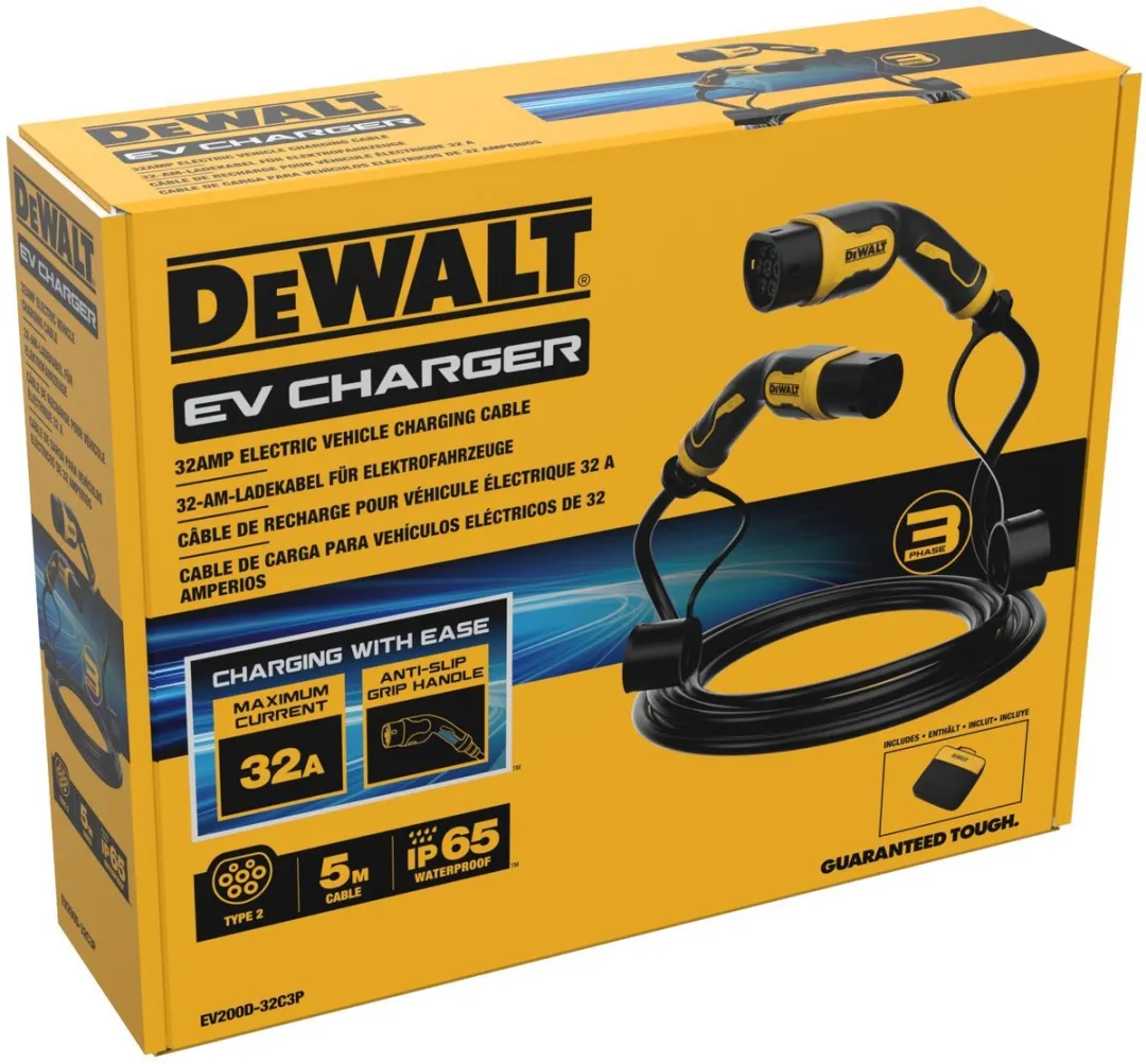 DeWalt 3.7kW Type 2 Oplaadkabel 5m - 32A - Geel/Zwart