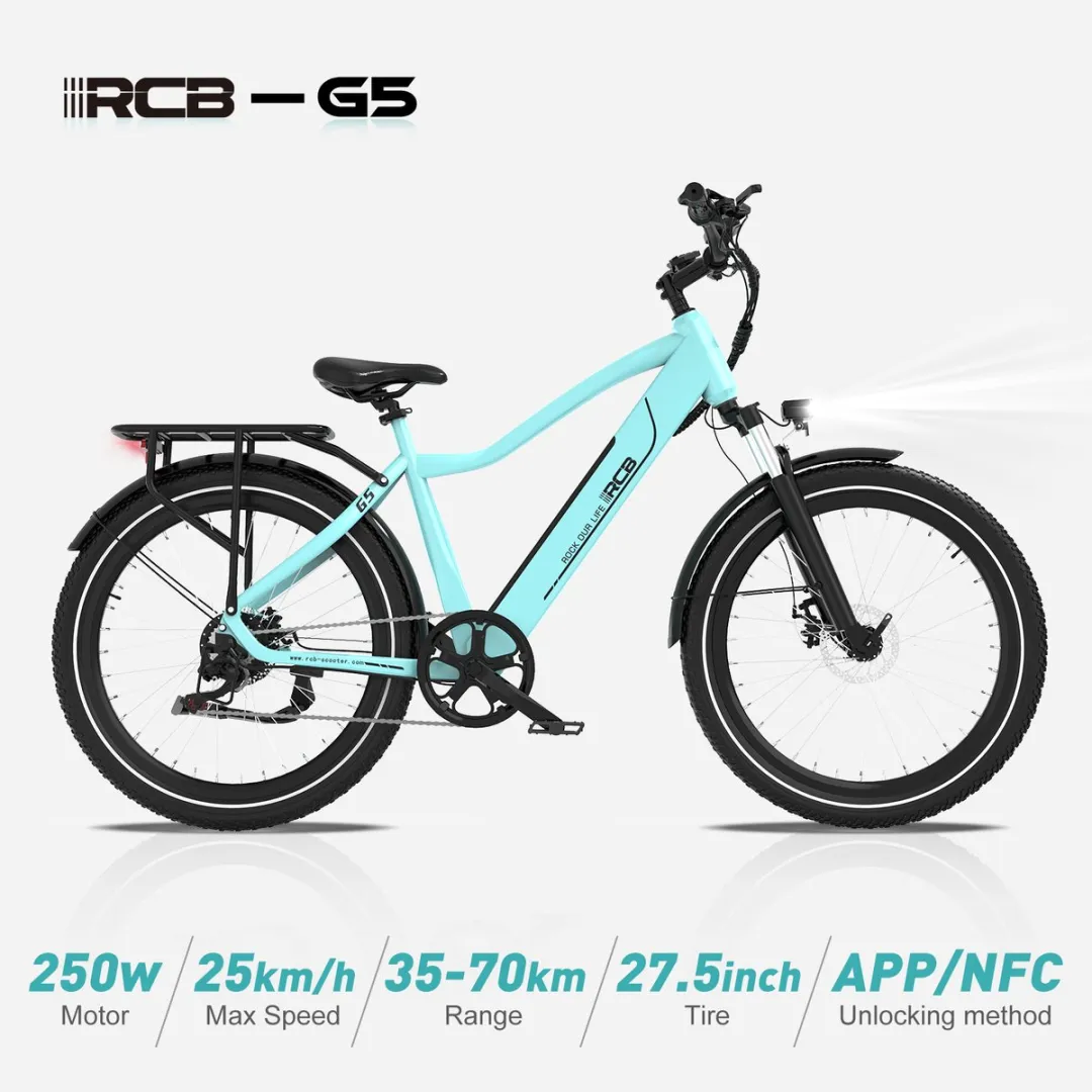 RCB G5 Elektrische Fiets - Lichtgewicht Aluminium Frame - 250W Motor - 36V 13Ah Verwijderbare Batterij - 7 Versnellingen - Met App, NFC & LCD Display - Comfortabel & Roestvrij - Voor Dames en Heren - Actieradius 80km