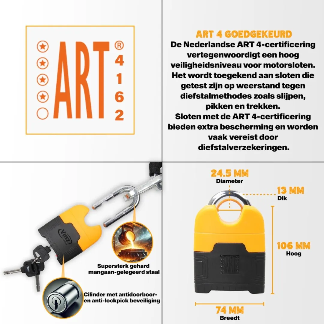 VINZ Makalu ART 4 Gekeurd Kettingslot 180cm - 3 sleutels - ART 4 slot - Lang Motorslot / Bootslot