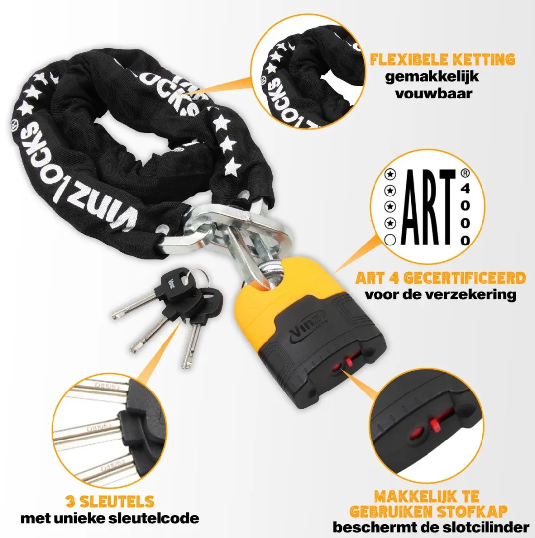 VINZ Makalu ART 4 Gekeurd Kettingslot 180cm - 3 sleutels - ART 4 slot - Lang Motorslot / Bootslot