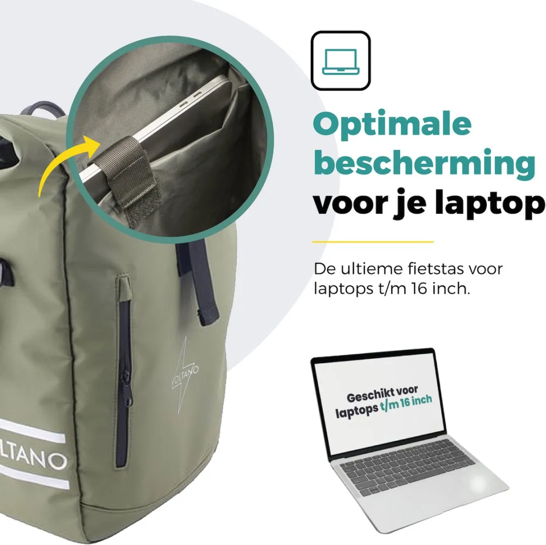Voltano Journey Luxe Fietstas 28L - Olijfgroen - Laptopvak