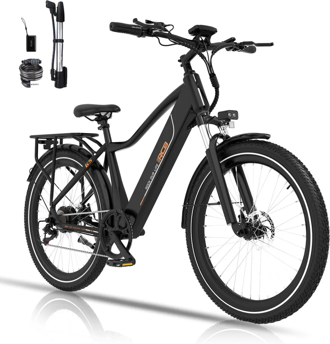 RCB G5 Elektrische Fiets - Lichtgewicht Aluminium Frame - 250W Motor - 36V 13Ah Verwijderbare Batterij - 7 Versnellingen - Met App, NFC & LCD Display - Comfortabel & Roestvrij - Voor Dames en Heren - Actieradius 80km - Zwart