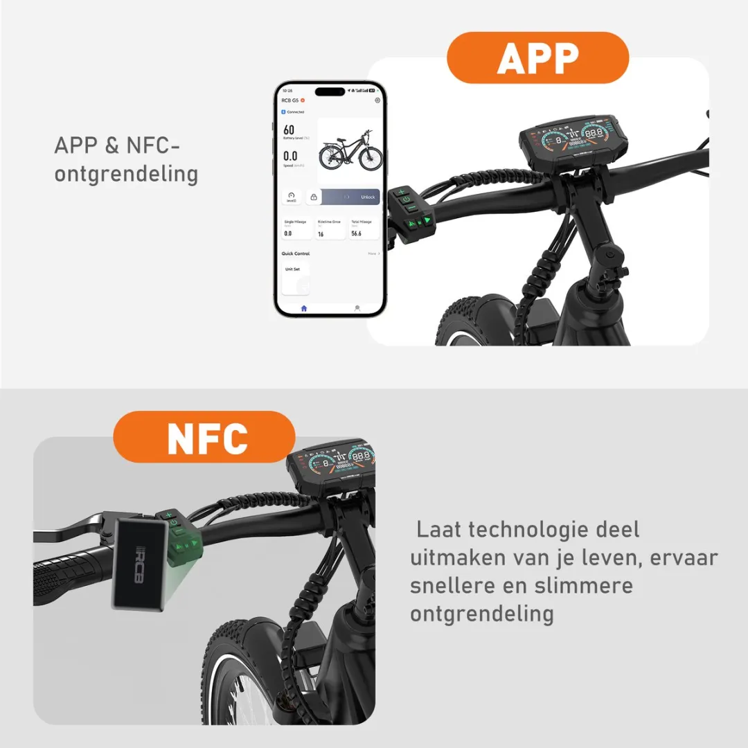 RCB G5 Elektrische Fiets - Lichtgewicht Aluminium Frame - 250W Motor - 36V 13Ah Verwijderbare Batterij - 7 Versnellingen - Met App, NFC & LCD Display - Comfortabel & Roestvrij - Voor Dames en Heren - Actieradius 80km - Zwart