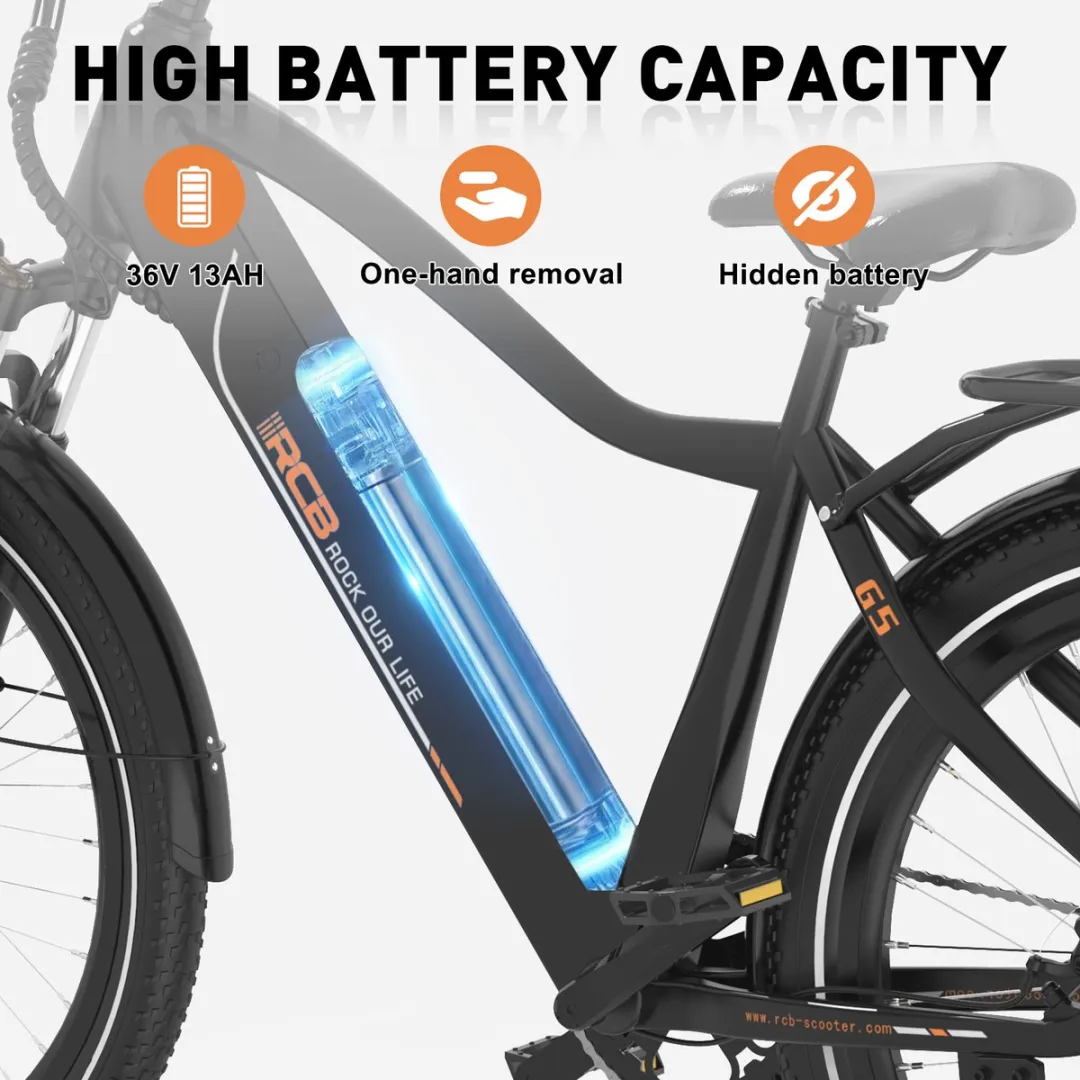 RCB G5 Elektrische Fiets - Lichtgewicht Aluminium Frame - 250W Motor - 36V 13Ah Verwijderbare Batterij - 7 Versnellingen - Met App, NFC & LCD Display - Comfortabel & Roestvrij - Voor Dames en Heren - Actieradius 80km - Zwart