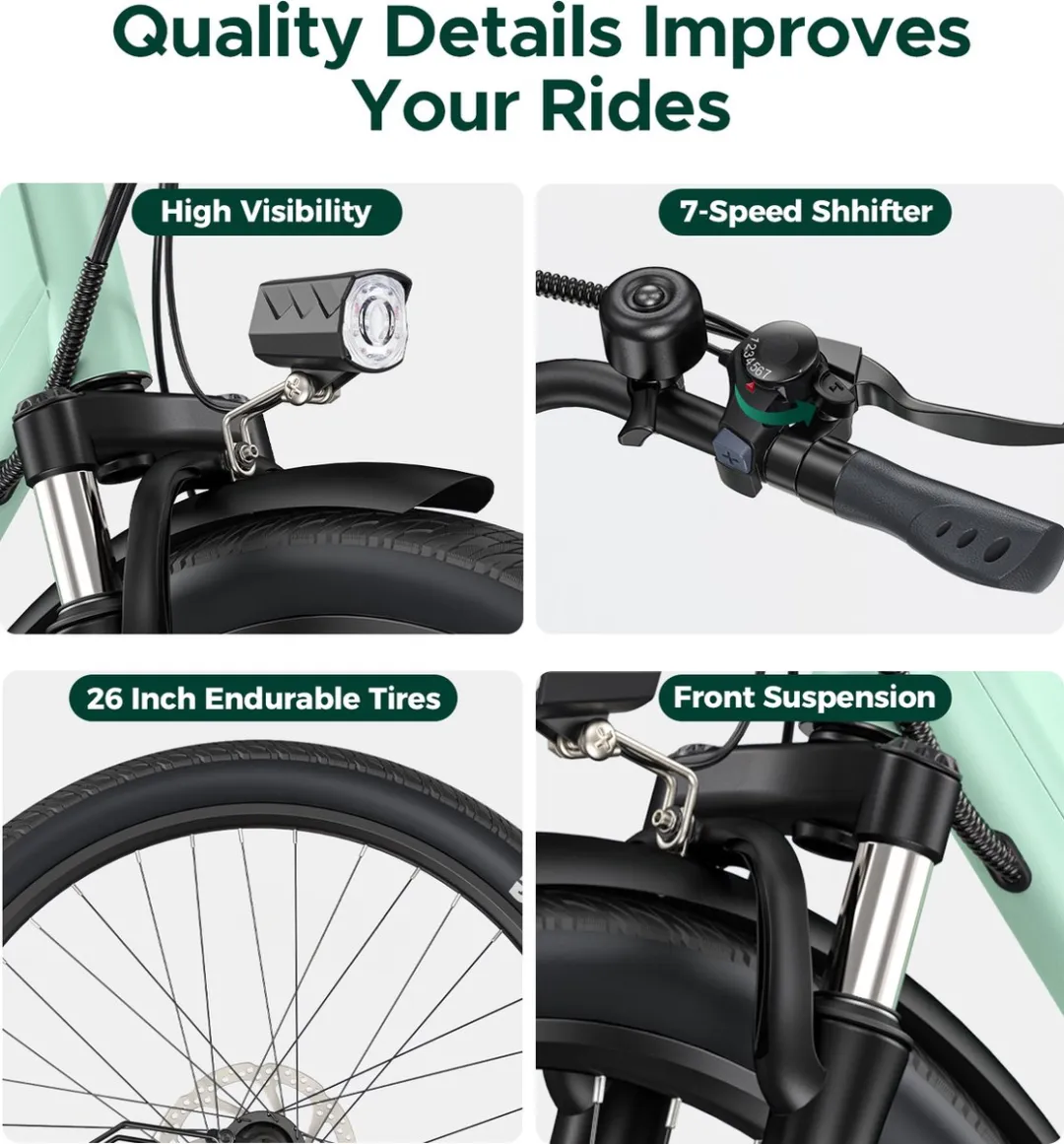 Hillmiles Milecity 1 Elektrische fiets - Actieradius 80km - Verwijderbare batterij 36V13Ah - Motor 250W - Shimano 7 versnellingen - 26 Inch City Commuter EBike - Groen