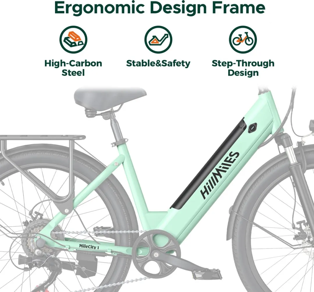 Hillmiles Milecity 1 Elektrische fiets - Actieradius 80km - Verwijderbare batterij 36V13Ah - Motor 250W - Shimano 7 versnellingen - 26 Inch City Commuter EBike - Groen