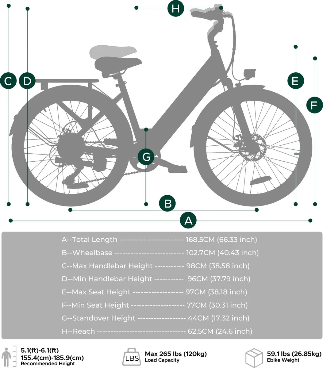 Hillmiles Milecity 1 Elektrische fiets - Actieradius 80km - Verwijderbare batterij 36V13Ah - Motor 250W - Shimano 7 versnellingen - 26 Inch City Commuter EBike - Groen