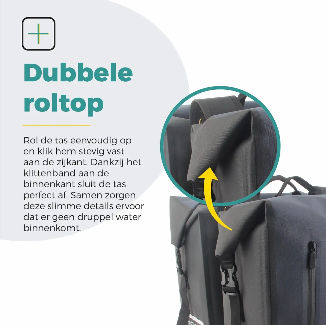 Voltano Dubbele Fietstas Rolltop Luxe E-bike 48L - Zwart/Donkerblauw