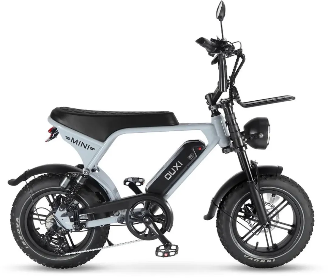 OUXI V8 Ultra Mini Elektrische Fatbike - Ingebouwd Alarmsysteem - Inclusief Voetsteuntjes - Inclusief Voorrekje -16 Inch - 250W Motor - 7 Versnellingen - 50 km Actieradius - Mechanische Schijfremmen - Lichtgrijs