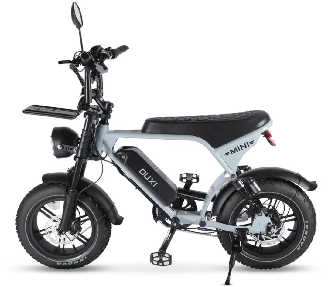 OUXI V8 Ultra Mini Elektrische Fatbike - Ingebouwd Alarmsysteem - Inclusief Voetsteuntjes - Inclusief Voorrekje -16 Inch - 250W Motor - 7 Versnellingen - 50 km Actieradius - Mechanische Schijfremmen - Lichtgrijs