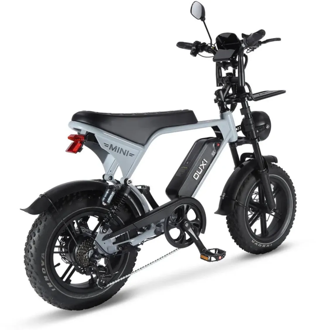 OUXI V8 Ultra Mini Elektrische Fatbike - Ingebouwd Alarmsysteem - Inclusief Voetsteuntjes - Inclusief Voorrekje -16 Inch - 250W Motor - 7 Versnellingen - 50 km Actieradius - Mechanische Schijfremmen - Lichtgrijs