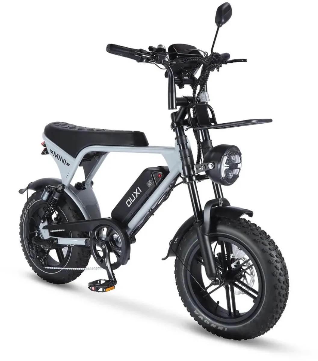 OUXI V8 Ultra Mini Elektrische Fatbike - Ingebouwd Alarmsysteem - Inclusief Voetsteuntjes - Inclusief Voorrekje -16 Inch - 250W Motor - 7 Versnellingen - 50 km Actieradius - Mechanische Schijfremmen - Lichtgrijs